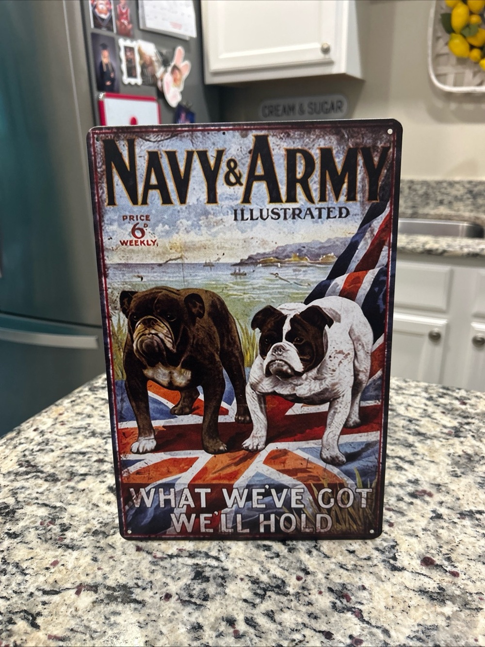 Navy & Army Illustrated Vintage Bulldog Metal Sign - Red, White, Blue 8x12”